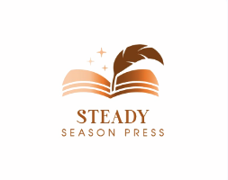 Steady Season Press logo: an open book with a quill and three stars